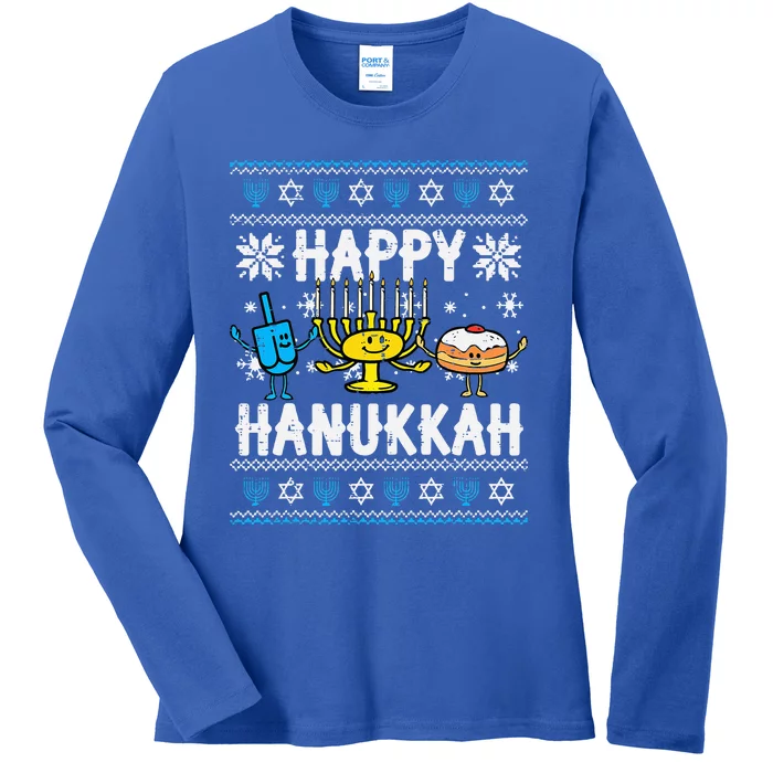 Happy Hanukkah Menorah Dreidel Ugly Chanukah Ladies Long Sleeve Shirt