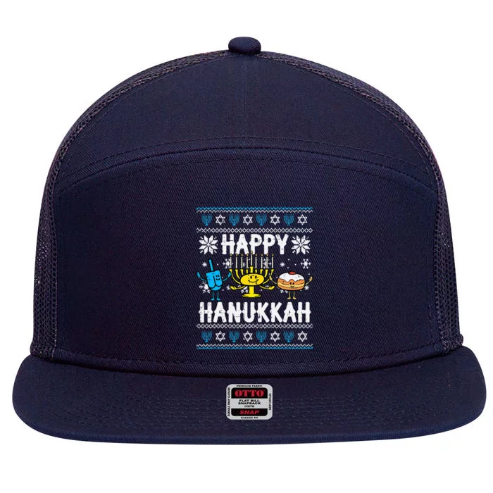 Happy Hanukkah Menorah Dreidel Ugly Chanukah 7 Panel Mesh Trucker Snapback Hat