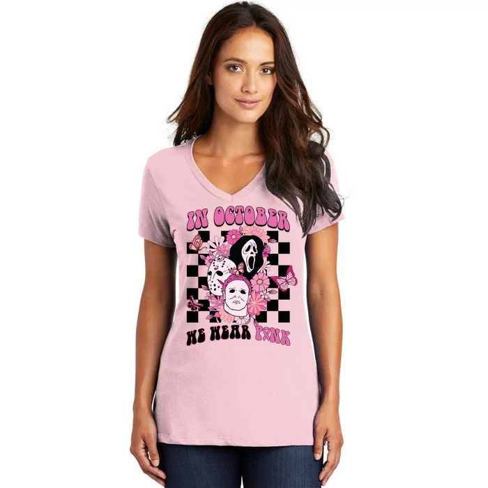 Halloween Horror Movie Characters Breast Cancer Women's V-Neck T-Shirt