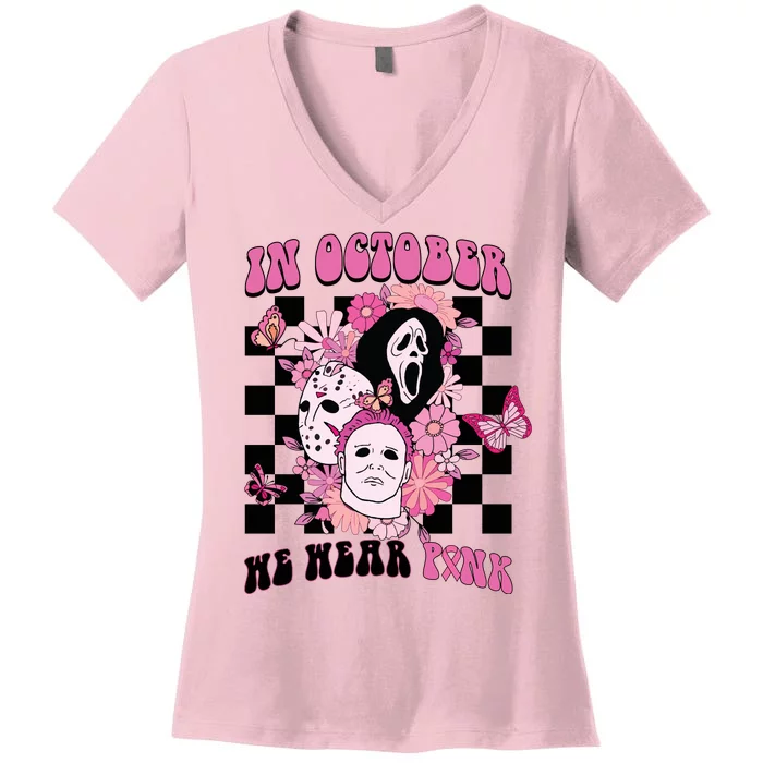 Halloween Horror Movie Characters Breast Cancer Women's V-Neck T-Shirt