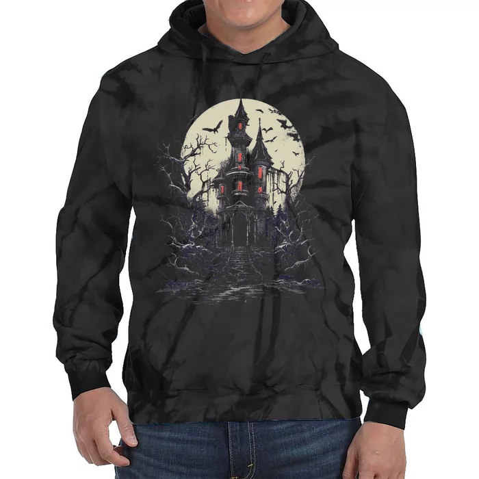 Haunted House Mansion Moon Halloween Decor Tie Dye Hoodie