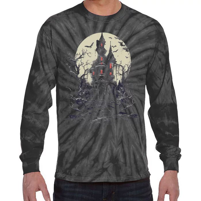 Haunted House Mansion Moon Halloween Decor Tie-Dye Long Sleeve Shirt