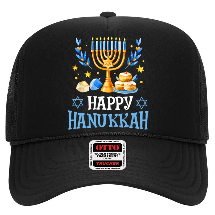 Happy Hanukkah Menorah Chanukah Jewish High Crown Mesh Trucker Hat