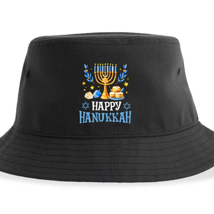 Happy Hanukkah Menorah Chanukah Jewish Sustainable Bucket Hat