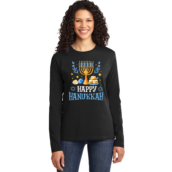 Happy Hanukkah Menorah Chanukah Jewish Ladies Long Sleeve Shirt