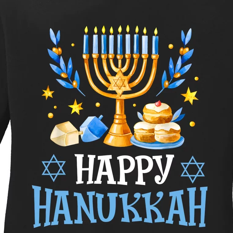 Happy Hanukkah Menorah Chanukah Jewish Ladies Long Sleeve Shirt