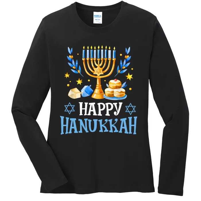 Happy Hanukkah Menorah Chanukah Jewish Ladies Long Sleeve Shirt