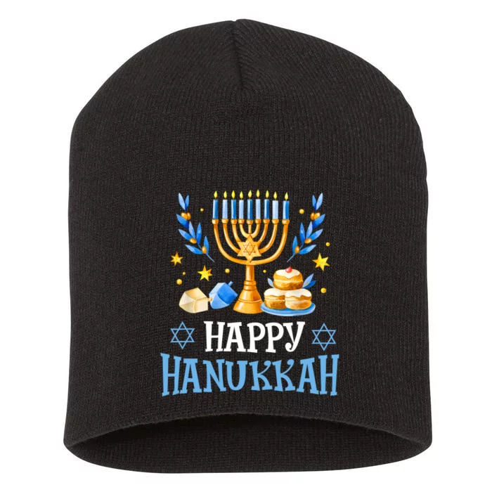 Happy Hanukkah Menorah Chanukah Jewish Short Acrylic Beanie