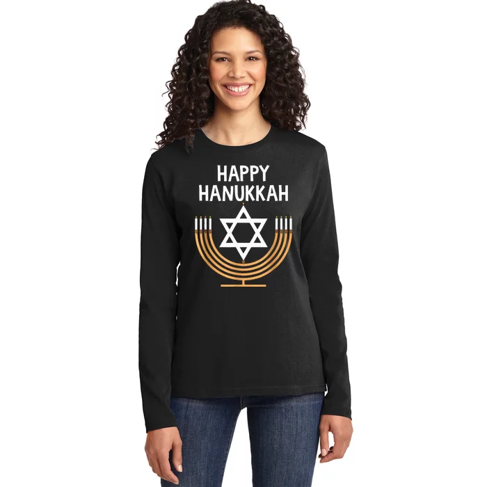 Happy Hanukkah Menorah Chanukah Jewish Ladies Long Sleeve Shirt