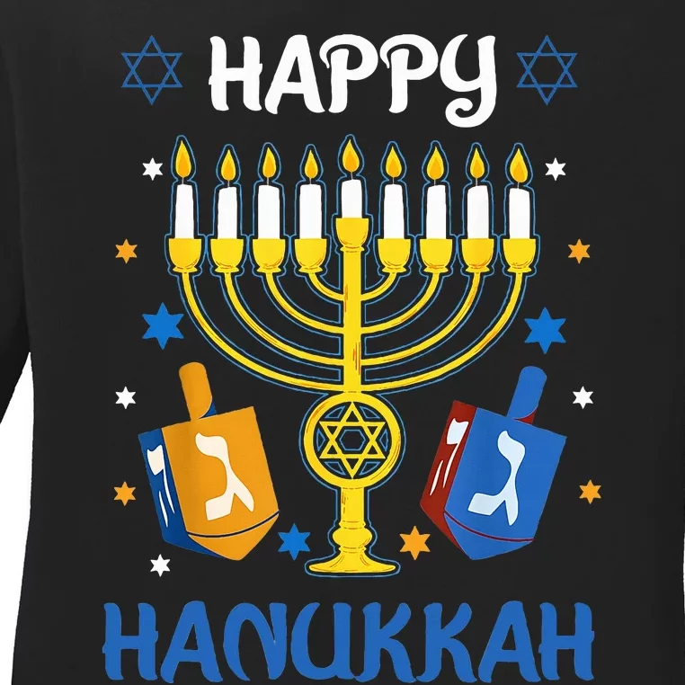 Happy Hanukkah Menorah Chanukah Jewish Ladies Long Sleeve Shirt