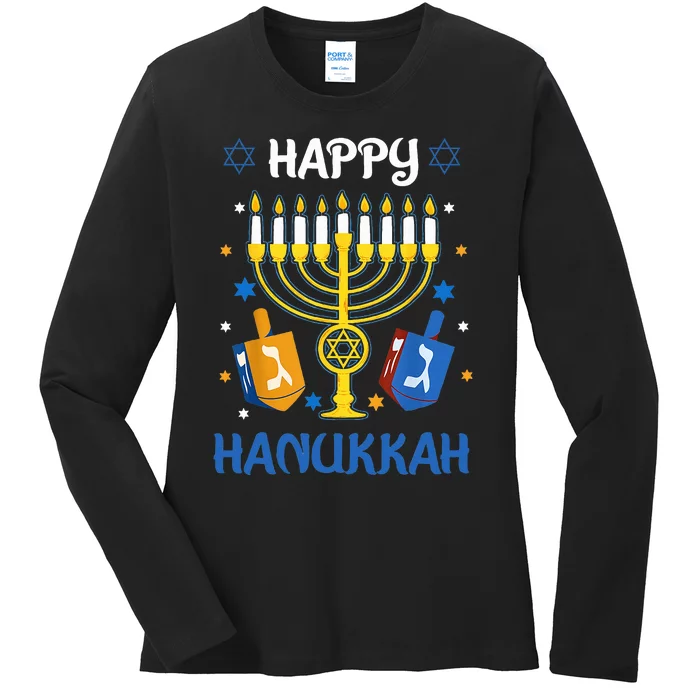 Happy Hanukkah Menorah Chanukah Jewish Ladies Long Sleeve Shirt