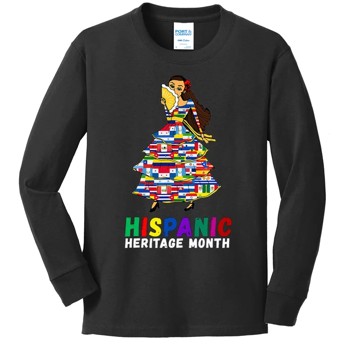 Hispanic Heritage Month Woman Latino Country Flags Kids Long Sleeve Shirt