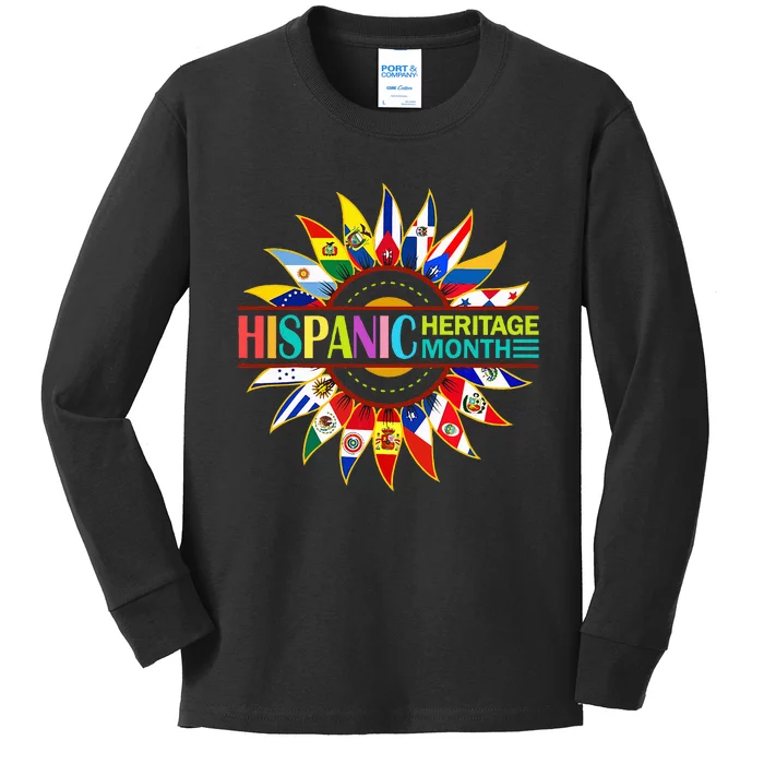 Hispanic Heritage Month Latino Countries Flags Sunflower Kids Long Sleeve Shirt