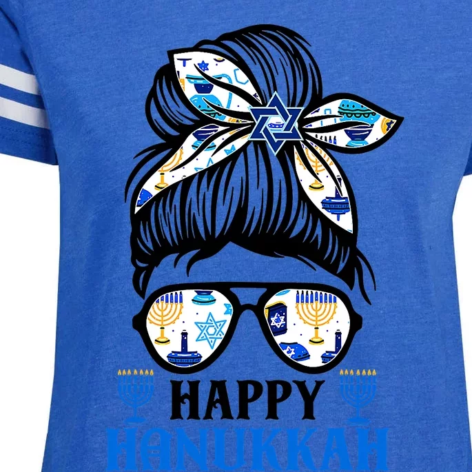 Happy Hanukkah Messy Bun Jewish Christmas Pajamas Enza Ladies Jersey Football T-Shirt