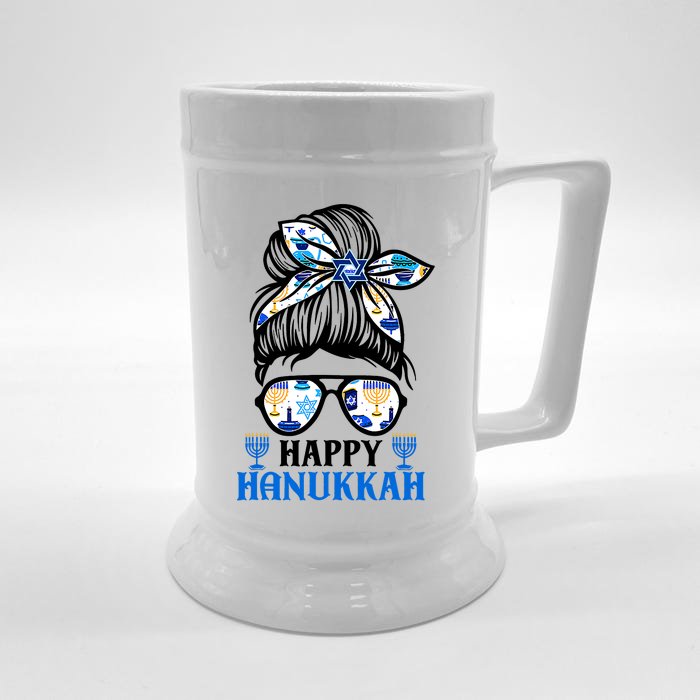 Happy Hanukkah Messy Bun Jewish Christmas Pajamas Front & Back Beer Stein