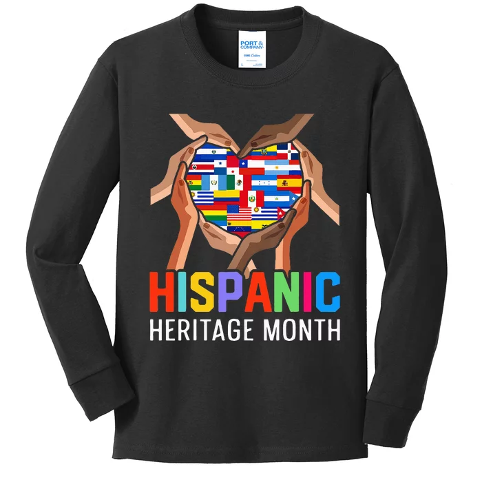 Hispanic Heritage Month All Countries Heart Hands Kids Long Sleeve Shirt