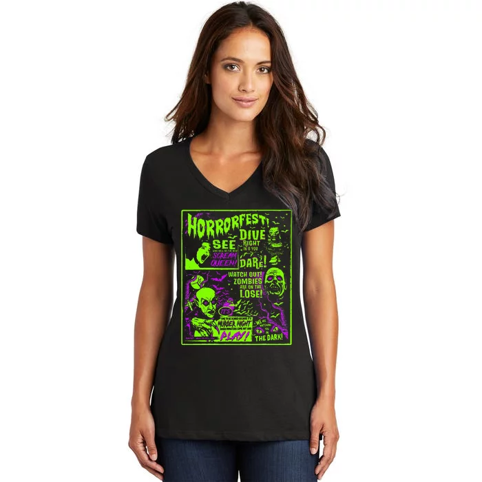 Horrorfest Halloween Movie Poster Old Time Horror Women's V-Neck T-Shirt