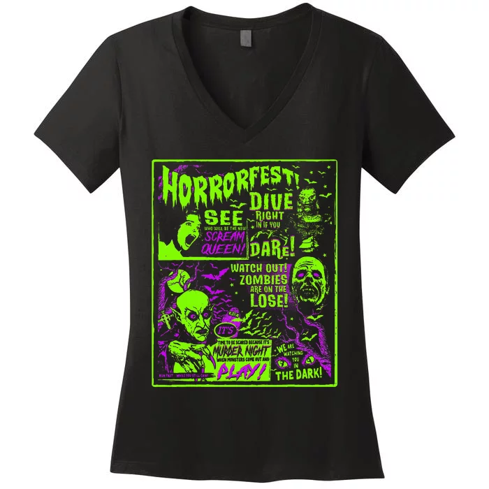 Horrorfest Halloween Movie Poster Old Time Horror Women's V-Neck T-Shirt