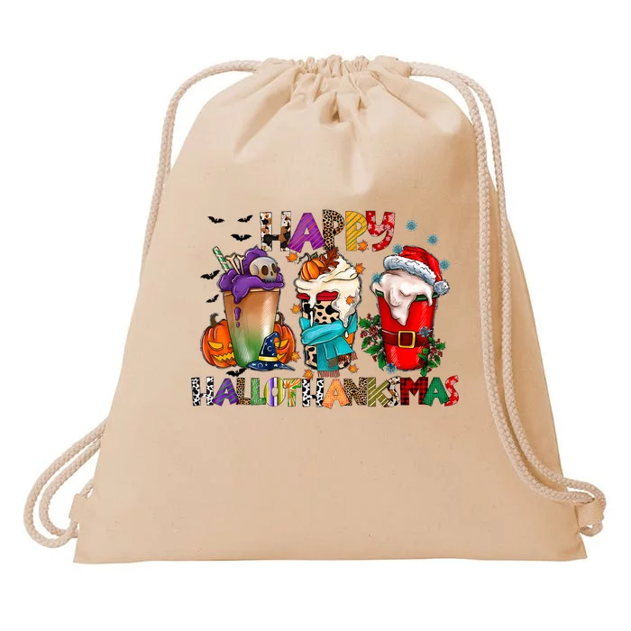 Happy Hallothanksmas Merry Christmas Thanksgiving Halloween Drawstring Bag