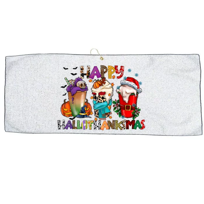 Happy Hallothanksmas Merry Christmas Thanksgiving Halloween Large Microfiber Waffle Golf Towel