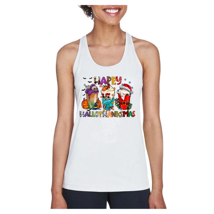 Happy Hallothanksmas Merry Christmas Thanksgiving Halloween Women's Racerback Tank