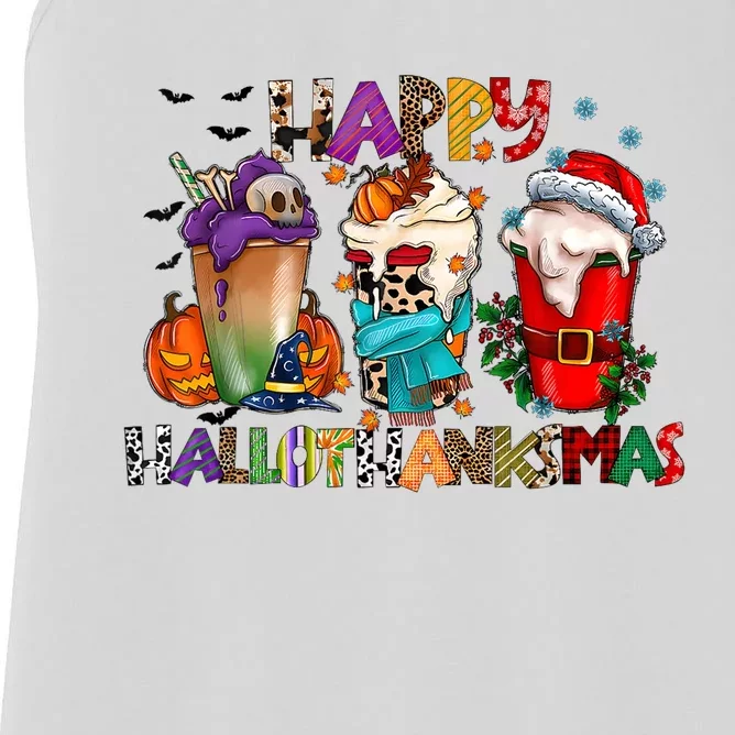 Happy Hallothanksmas Merry Christmas Thanksgiving Halloween Women's Racerback Tank