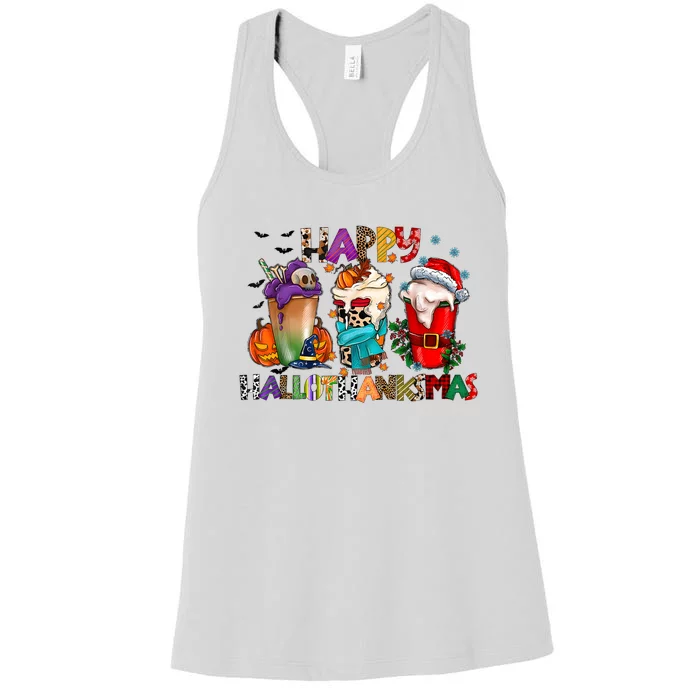 Happy Hallothanksmas Merry Christmas Thanksgiving Halloween Women's Racerback Tank