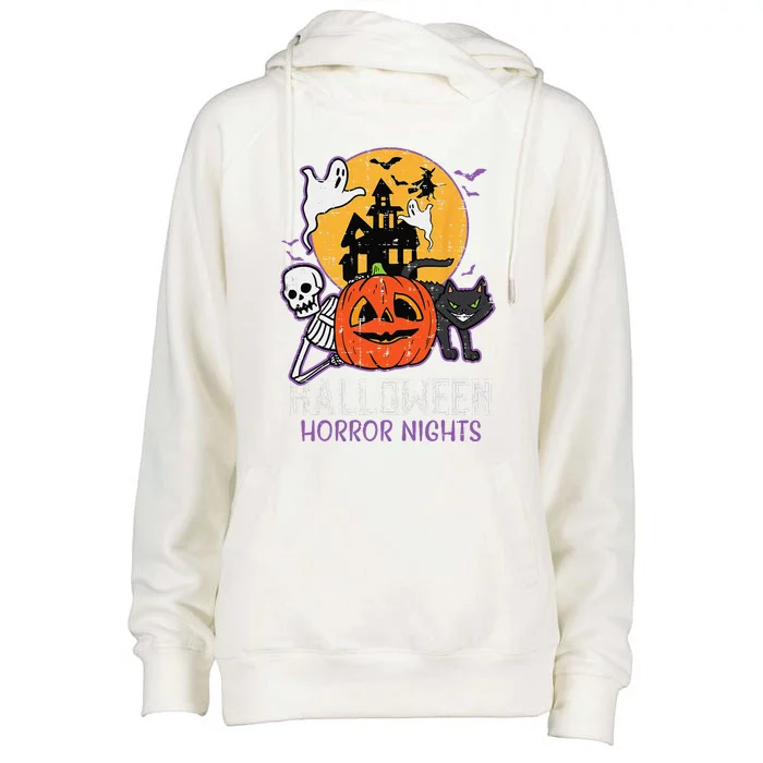 Halloween Horror Nights Retro Movie Poster Spooky Skeleton Womens Funnel Neck Pullover Hood