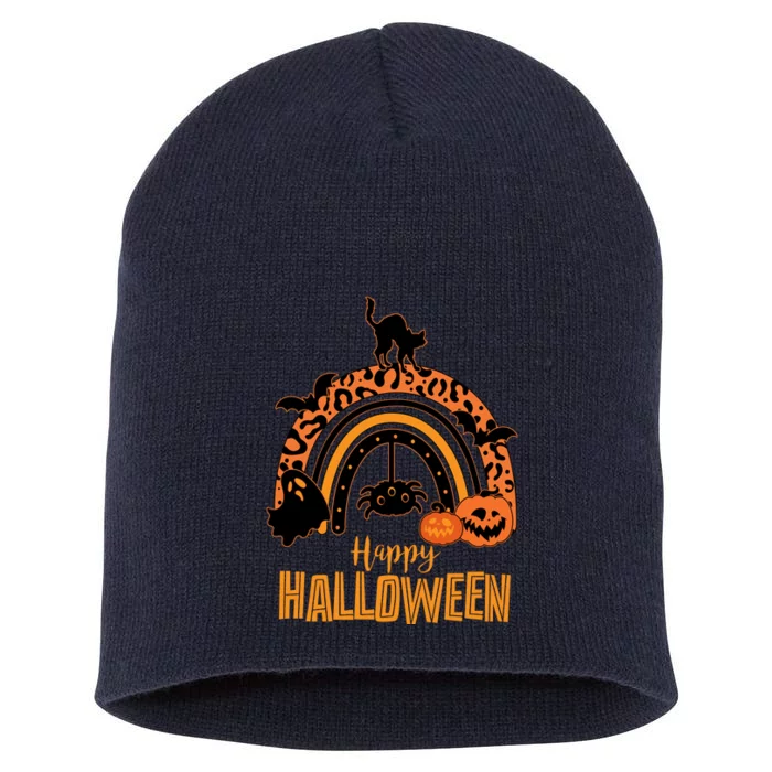 Happy Halloween Orange Patterned Rainbow Short Acrylic Beanie