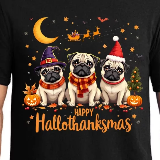 Happy Hallothanksmas Pug Dogs Halloween Thanksgiving Xmas Pajama Set