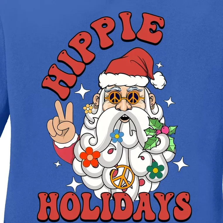 Hippie Holidays Peace Love Christmas Santa Claus Pajamas Funny Gift Ladies Long Sleeve Shirt