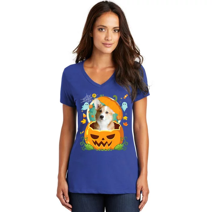 Happy Halloween Pumpkin Corgi Dog Witch Cute Hat Lover Horor Gift Women's V-Neck T-Shirt