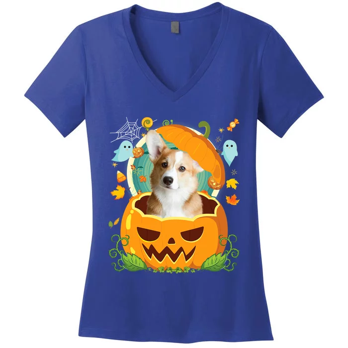 Happy Halloween Pumpkin Corgi Dog Witch Cute Hat Lover Horor Gift Women's V-Neck T-Shirt