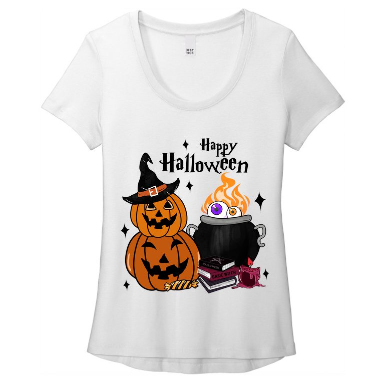 Happy Halloween Potluck Pumpkin Witch Spooky Graphic Plus Size Party Women’s Scoop Neck T-Shirt