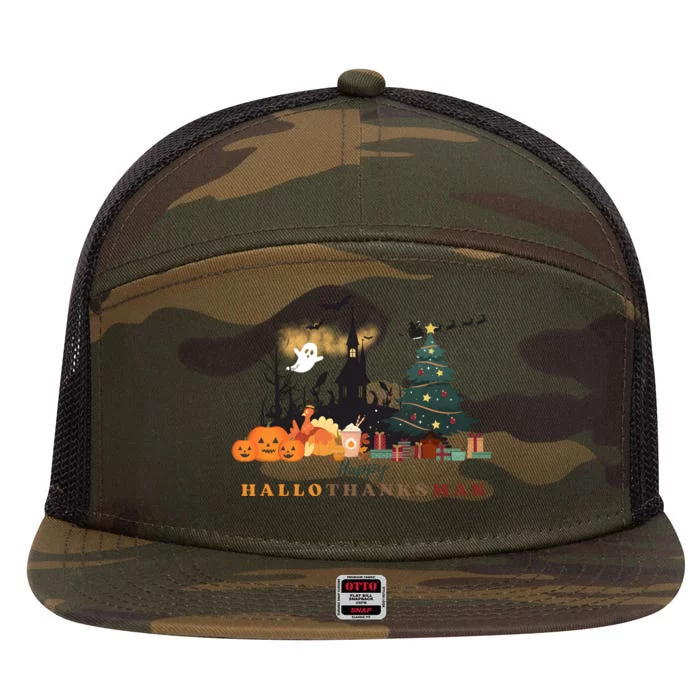 Happy Hallowthanksmas Pumpkin Xmas Tree 7 Panel Mesh Trucker Snapback Hat