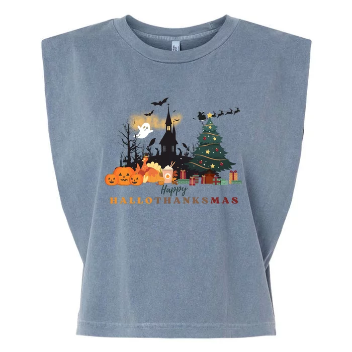 Happy Hallowthanksmas Pumpkin Xmas Tree Garment-Dyed Women's Muscle Tee