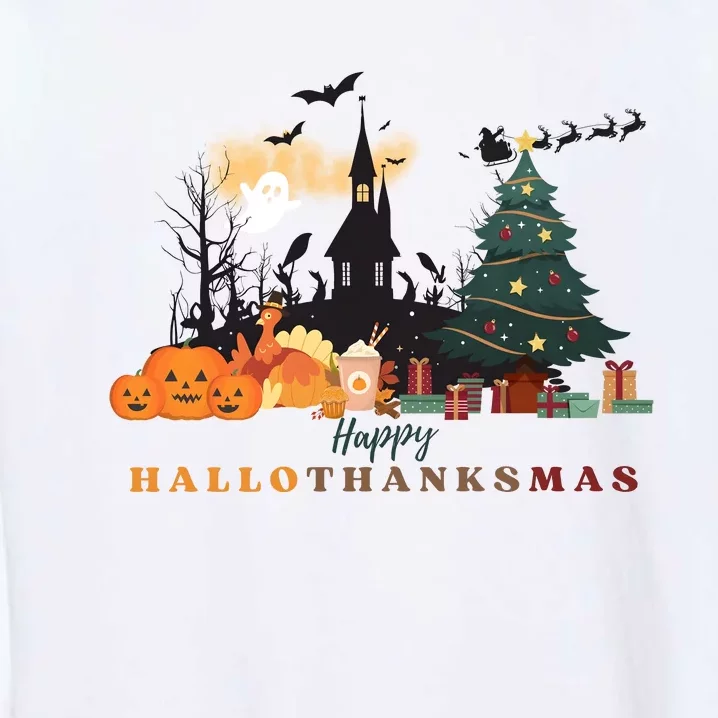 Happy Hallowthanksmas Pumpkin Xmas Tree Garment-Dyed Sweatshirt