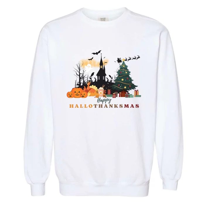 Happy Hallowthanksmas Pumpkin Xmas Tree Garment-Dyed Sweatshirt