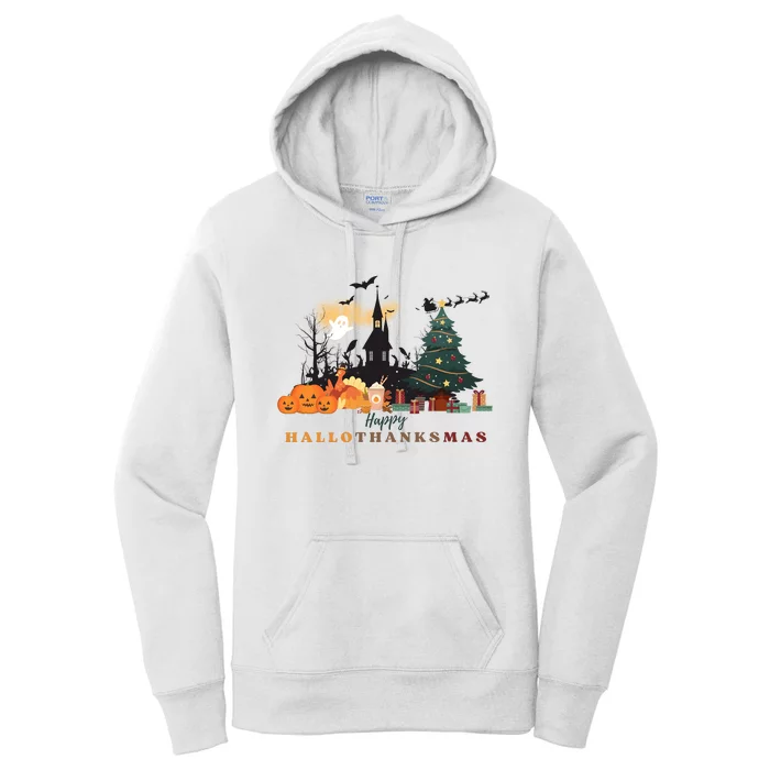 Happy Hallowthanksmas Pumpkin Xmas Tree Women's Pullover Hoodie