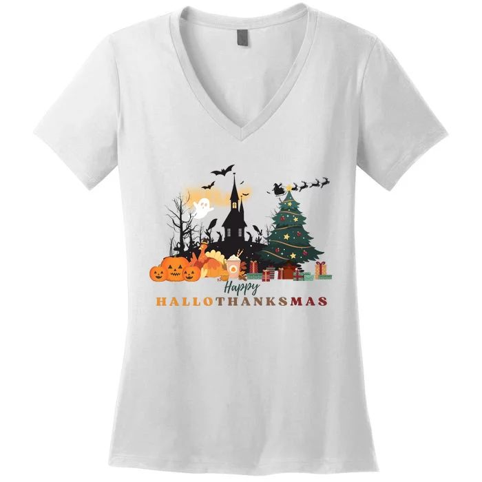 Happy Hallowthanksmas Pumpkin Xmas Tree Women's V-Neck T-Shirt