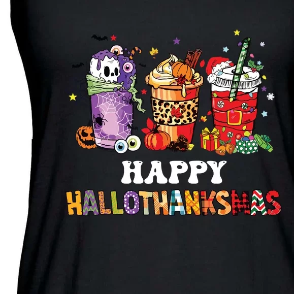 Happy Hallothanksmas Pumpkin Spice Cups Ladies Essential Flowy Tank