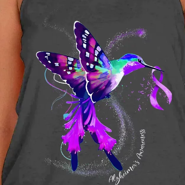 Hummingbird Holding Purple Ribbon AlzheimerS Women's Knotted Racerback Tank