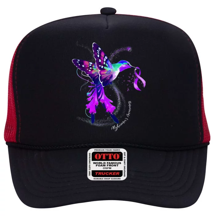 Hummingbird Holding Purple Ribbon AlzheimerS High Crown Mesh Trucker Hat