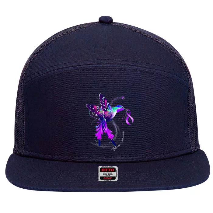 Hummingbird Holding Purple Ribbon AlzheimerS 7 Panel Mesh Trucker Snapback Hat