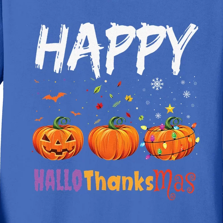 Happy Hallothanksmas Pumpkin Halloween Thanksgiving Xmas Kids Long Sleeve Shirt