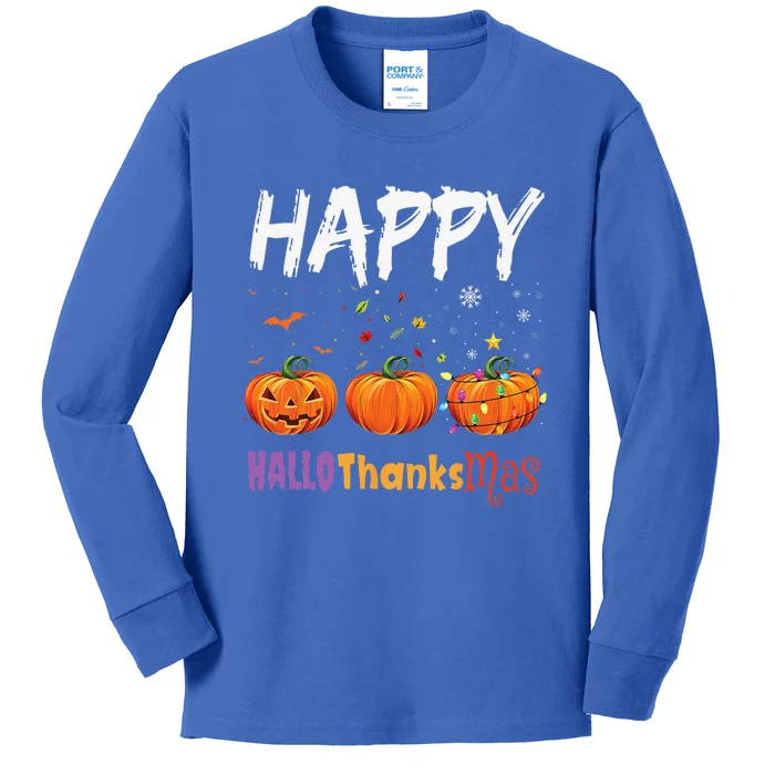 Happy Hallothanksmas Pumpkin Halloween Thanksgiving Xmas Kids Long Sleeve Shirt