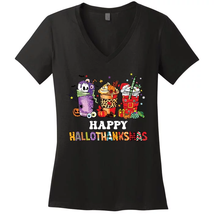 Happy Hallothanksmas Pumpkin Spice Cups Women's V-Neck T-Shirt