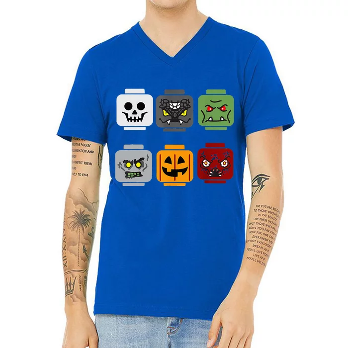 Halloween Head Pumpkin Ghost Zombie Block Brick Builder V-Neck T-Shirt