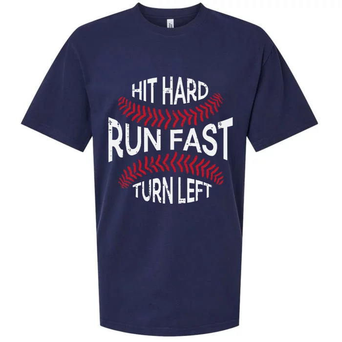 Hit Hard Run Fast Turn Left Funny Baseball Player Sueded Cloud Jersey T-Shirt