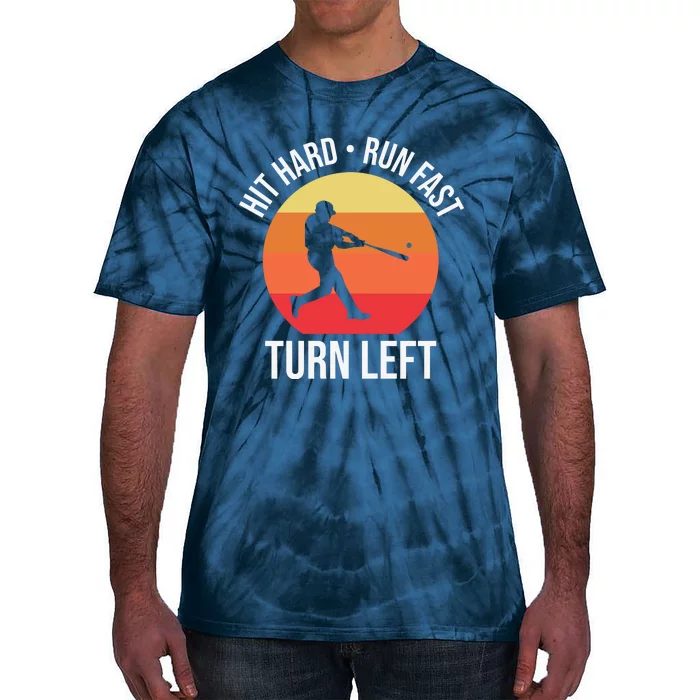 Hit Hard Run Fast Turn Left Funny Retro Sunset Silhouette Baseball Player Tie-Dye T-Shirt